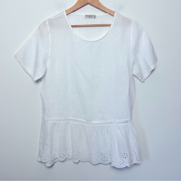 Terzo Millennio Italy Linen White Daisy Floral Eyelet Ruffle Hem Top Simple - Picture 1 of 11